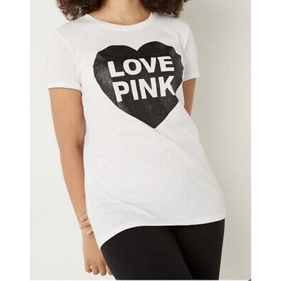 Victoria's Secret PINK Originals White Sparkle Heart Short Sleeve T-Shirt Size M - Picture 1 of 7